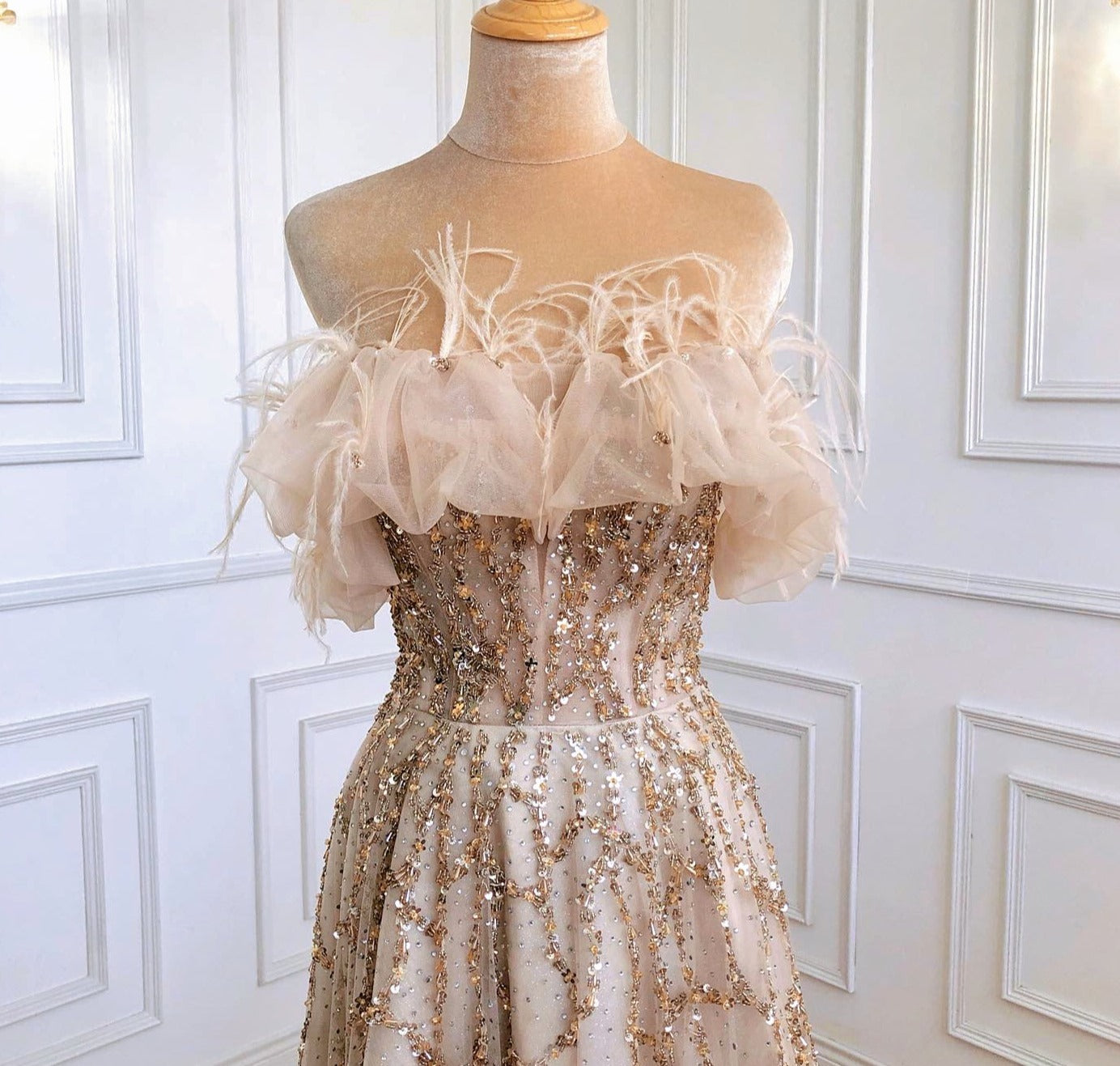 Grey Luxury Beaded Feathers A-Line Evening Gown