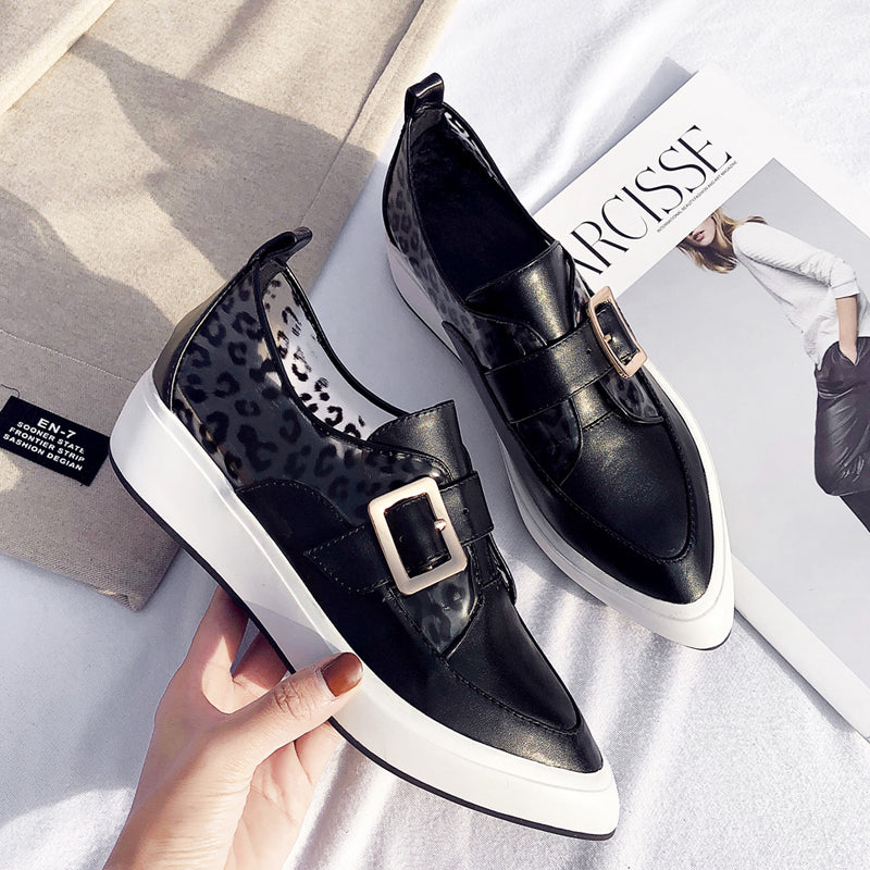 Women Leather Flat Laces Platform Loafers