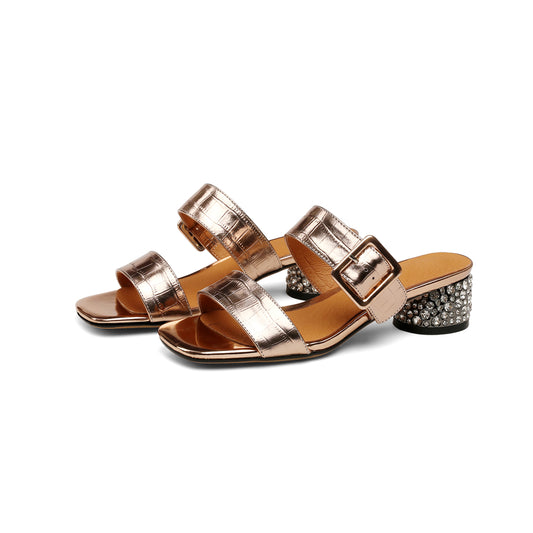 本革ラインストーン厚底スリッパレディース