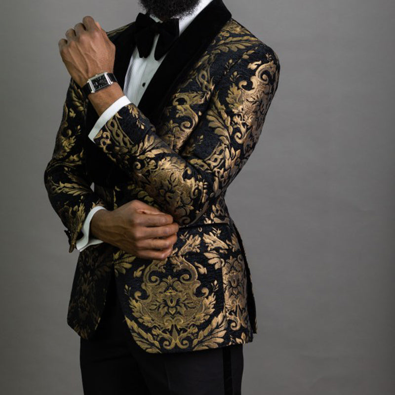 Black Floral Jacquard Prom Men Suits With Velvet Shawl Lapel