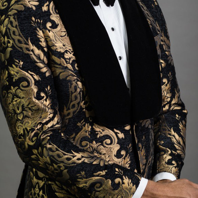 Black Floral Jacquard Prom Men Suits With Velvet Shawl Lapel