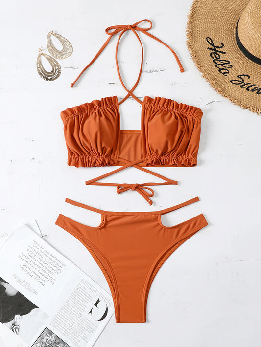 Sexy Halter Bandage Ruffled Bikini Women High Cut