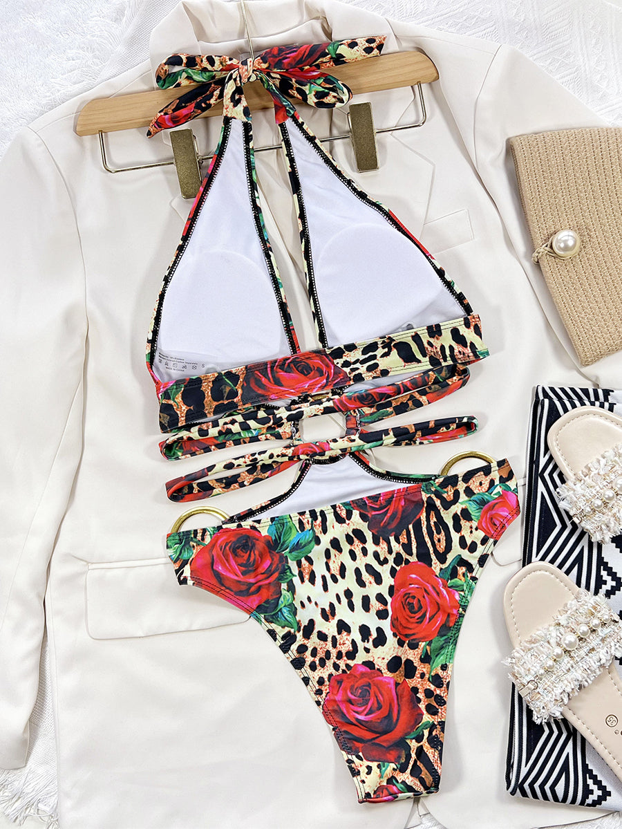 One Piece Swimwear Women Monokini Halter Printed