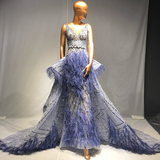 Blue Beaded Feather Evening Dresses Gowns Mermaid Luxury