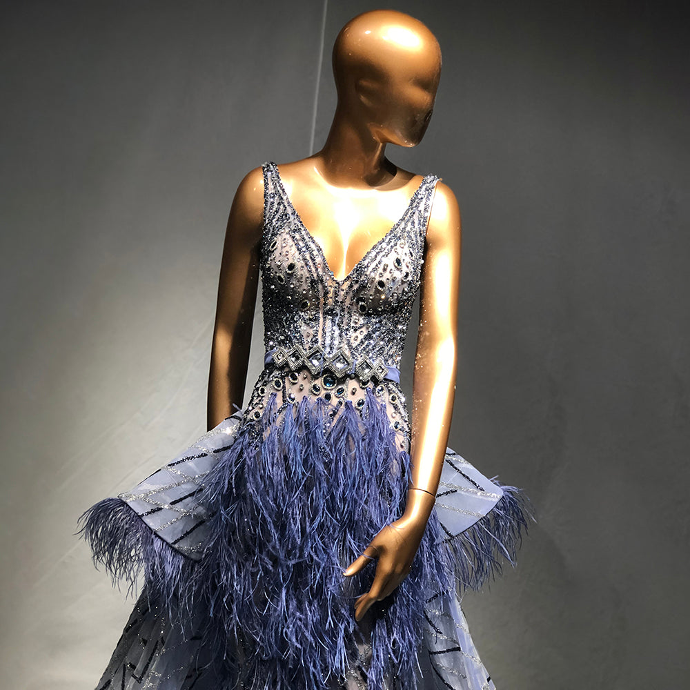 Blue Beaded Feather Evening Dresses Gowns Mermaid Luxury