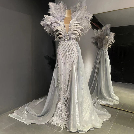 Blue Feather Beaded Evening Dresses Gowns Luxury