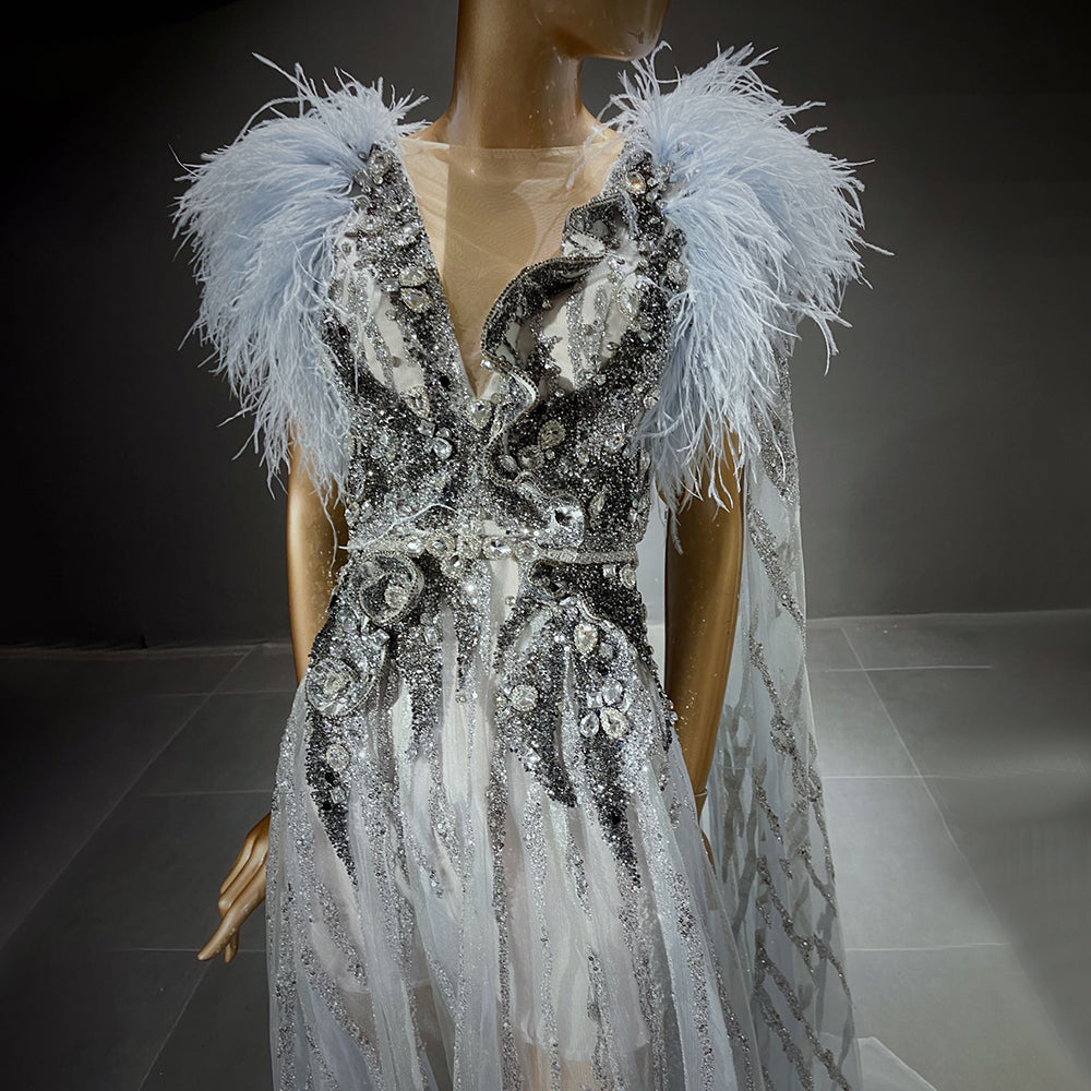 Blue Feather Beaded Evening Dresses Gowns Luxury