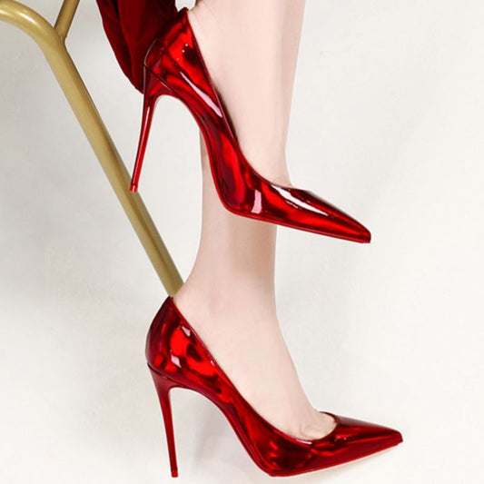 Women Pumps Genuine Leather Red Shiny Wedding Shoes