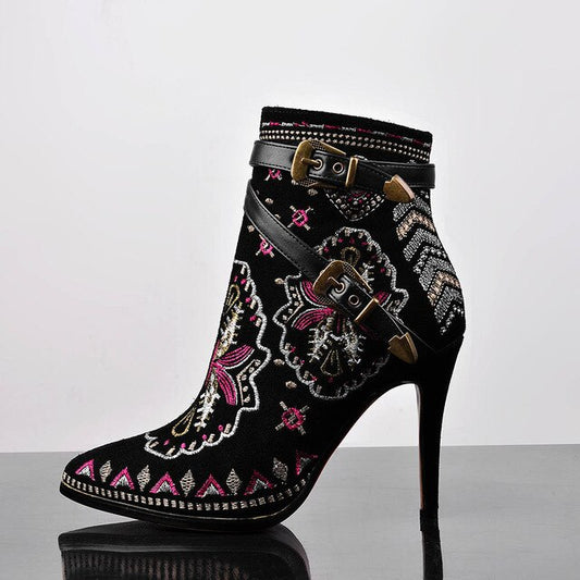 Super Fashion Women Ankle Boots Popular Embroidery Thin Heels Black Shoes Woman US Size 4-10 - LiveTrendsX