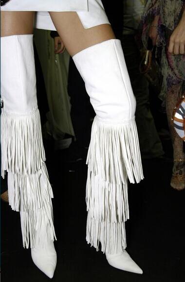 Fall winter white color tassels thigh high boots for woman side zipper pointed toe stiletto high heels over the knee boots - LiveTrendsX