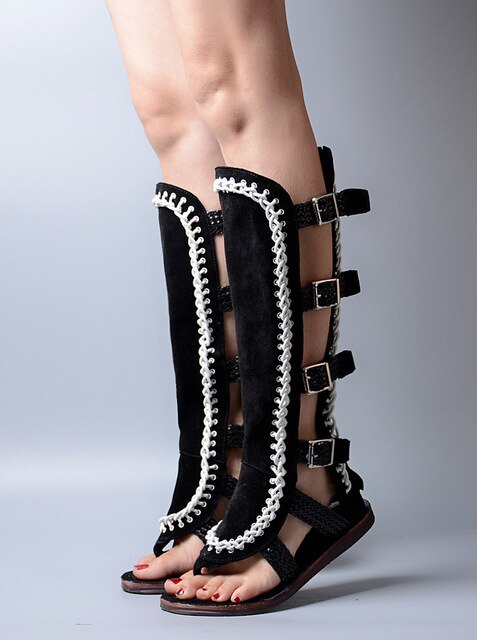 Open Toe Thick Bottomed Hollow Out Women Knee High Boots Sandals Flat White Knitting Mix Suede Leather Sandals - LiveTrendsX