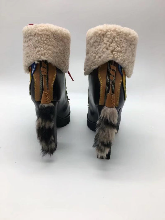 Winter New Sexy Chunky high heel Platform Ankle Boots Women Wool Fur Leather lace up Snow Boots Women Motorcycle Boots - LiveTrendsX