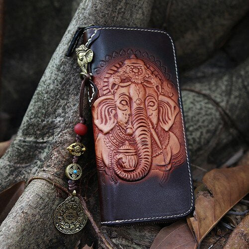 Women Genuine Leather Card Holder Wallets Elephant God Bag Purses Men Clutch Vegetable Tanned Leather Long Wallet Pendant Gift - LiveTrendsX