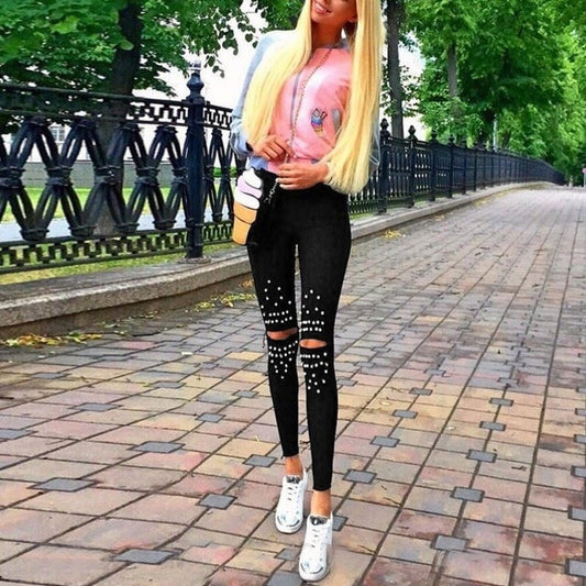 Plus Size Leggings Knee Hole Leggings New Fashion Stretch Cut Holes Beads Decoration Women Pants Skinny High Waist Leggings - LiveTrendsX