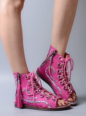 Fashion Hollow Out Tassels Cross Tied Bohemia Sandal Summer Peep Toe Low Heel Women Sandals All-match Female Shoe - LiveTrendsX