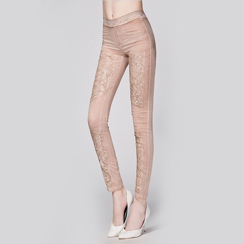 95% Silk Pencil Pants Women Elastic Waist Patchwork Lace Pockets 2 Colors Skinny Trousers Fashion Europe and America Style - LiveTrendsX