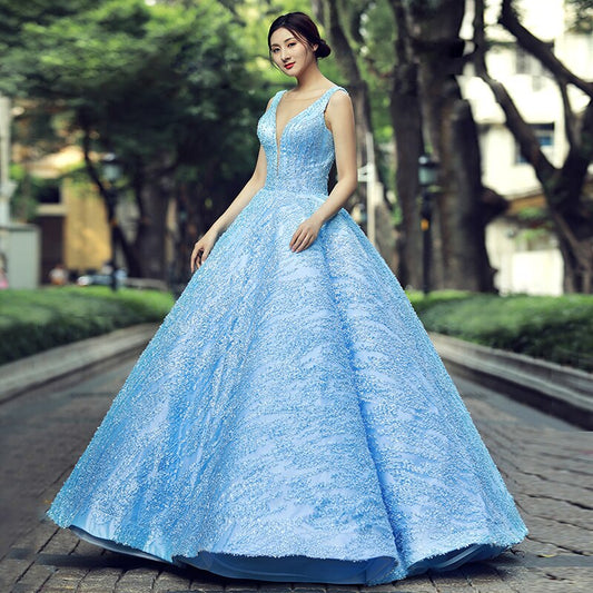 light blue sleeveless evening dress with glitter o-neck floor length puffy pleat evening party dress - LiveTrendsX