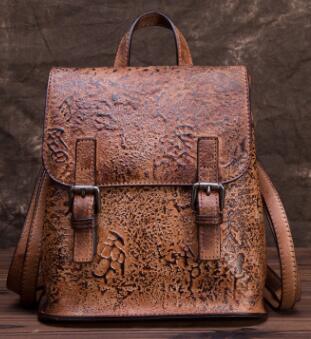 Female bag retro embossed color large capacity backpack rub color craft single shoulder layer cowhide ladies backpack - LiveTrendsX