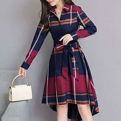 Vestido De Festa Autumn Elegant Asymmetrical Hem Dress Bodycon Long Sleeve Turn-down Collar Party Plaid Dresses Plus Size - LiveTrendsX