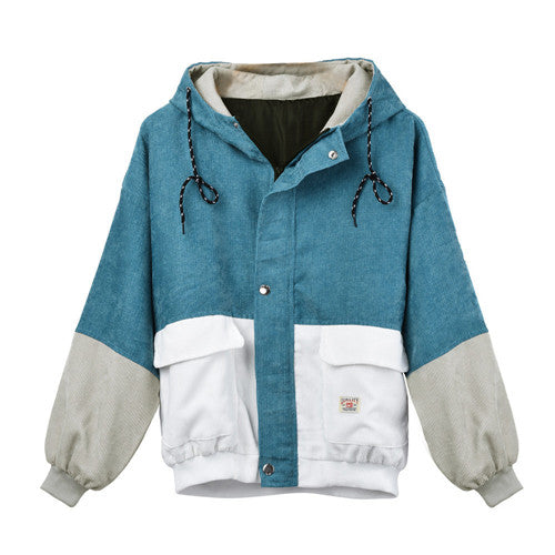Harajuku Style Women Winter Warm Color Block Hooded Corduroy Jacket Long Sleeve Patchwork Oversize Zipper Jacket - LiveTrendsX