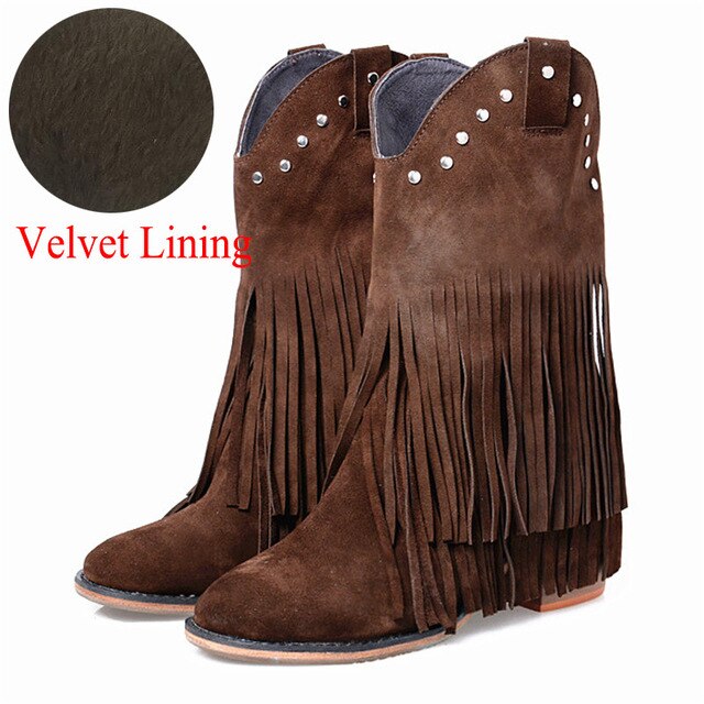 Full Fringed Women Mid-calf Boots Suede Tassels Chunky High Heel Boot Slip On Rivets Studded Rubber Riding Boots - LiveTrendsX