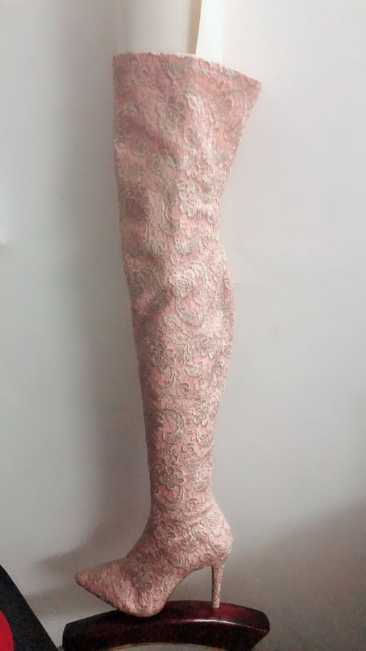 Sexy Ladies Spring Floral Lace Over Knee Boots Stiletto