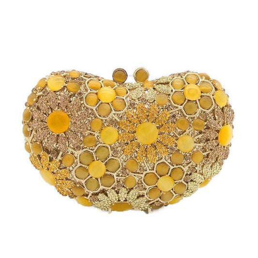 Yellow Diamond Opal Heart Shape Women Flower Crystal Clutch Evening Bags Bridal Clutches Handbag Wedding Purse - LiveTrendsX