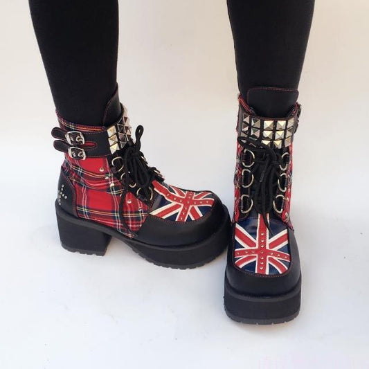 Fashion Black Plaids Rivet Gothic Punk Rock Lace-up Lolita Ankle Boots Block Heel Thick Platform Punk Lolita Cosplay Boots - LiveTrendsX