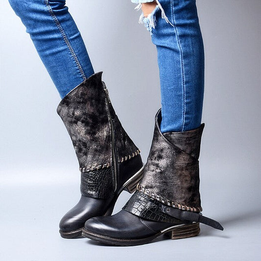 Women Winter Boots Genuine Leather Botas Feminino Buckle Strap Zapatos Mujer Side Zip Bottes Femmes Flats Knight Chaussure - LiveTrendsX