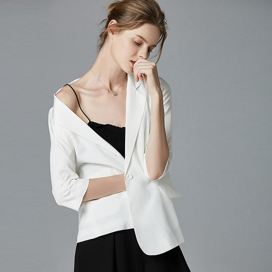 High Quality Blazers Women Suit 100% Silk Fabric Simple Design Three-quarter Sleeve Single Button 2 Colors Suit - LiveTrendsX