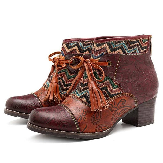 Bowknot Tassel Women Boots Genuine Leather Splicing Retro Ankle Boots For Women Shoes Woman Block Heels Booties Botas New - LiveTrendsX
