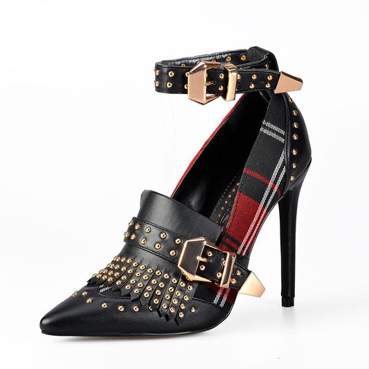 Women's Pumps High Tartan Heels Plaid Dress Shoes with Rivets Ankle Strap Buckle Women Shoes - LiveTrendsX