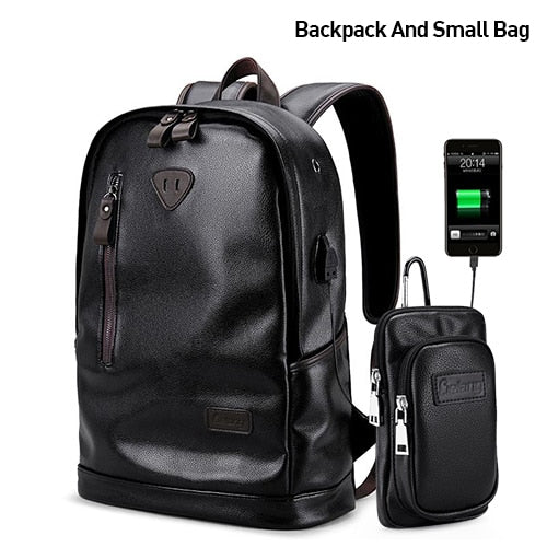 Men Backpack External USB Charge Waterproof  Backpack Fashion PU Leather Travel Bag Casual School Bag leather bookbag - LiveTrendsX