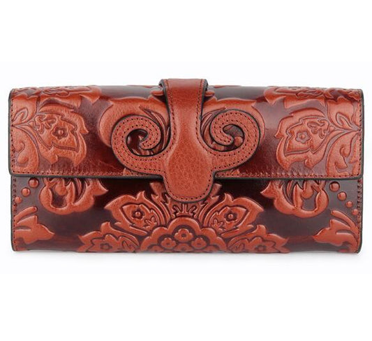 Vintage genuine leather oil wax long purse print wallet for women - LiveTrendsX