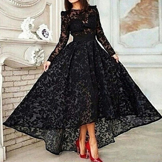 Black Muslim Evening Dresses A-line Long Sleeves Tea Length Lace Islamic Dubai Saudi Arabic Long Elegant Evening Gown - LiveTrendsX