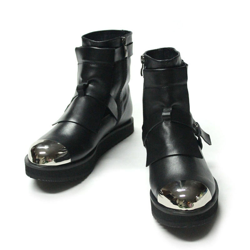 メンズ 冬用 ミディアムヒール スチールトゥ アンクルブーツ