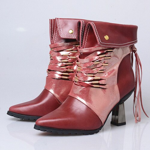 Fashion Handmade Patchwork Ankle Boots Women Pointed Toe Tassels High Heel Short Boots Female Fringed Martin Boot - LiveTrendsX