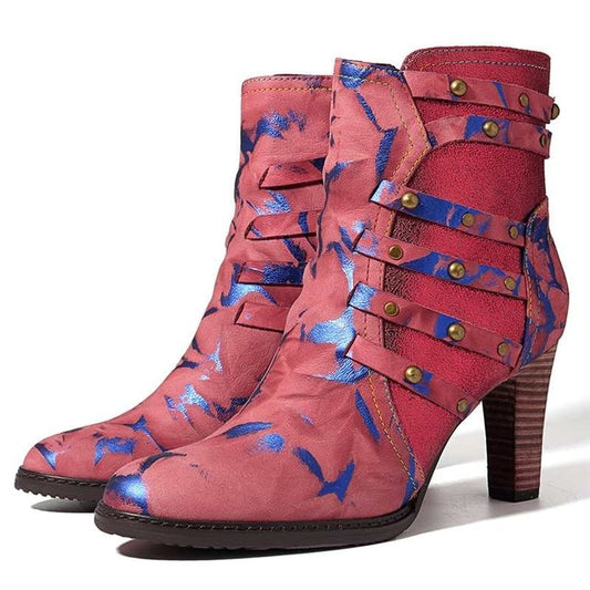 Fashion Rivet High Heel Ankle Boots For Women Shoes Woman Pointed Toe Zipper Splicing Genuine Leather Winter Boots Mujer - LiveTrendsX