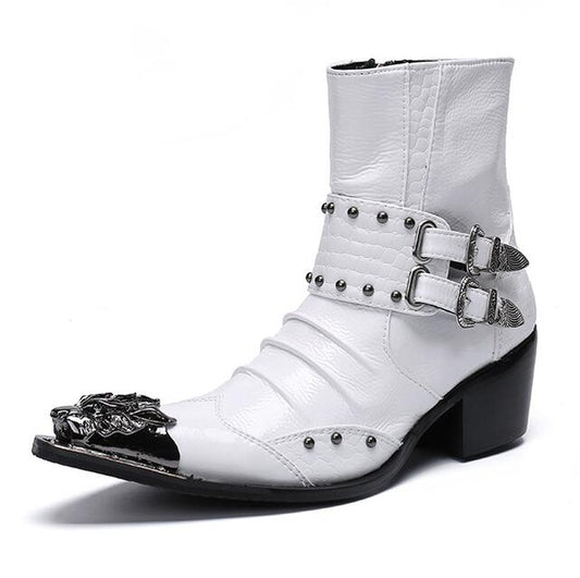 Fashion Genuine Leather Rivets Men Ankle Boots Formal Dress Shoes Pointed Toe Metal Toes Chelsea Boots Cowboy Boots - LiveTrendsX