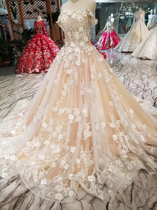 A-line formal evening dresses sweetheart off the shoulder 3d flowers sexy girls party dresses custom size - LiveTrendsX