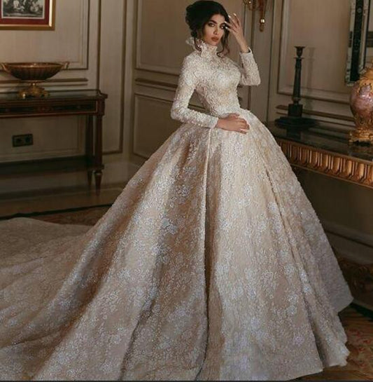 Luxury High Neck Champagne Middle East Wedding Dress White Lace Appliqued Long Sleeves Arabic Bridal Gowns Court Train - LiveTrendsX