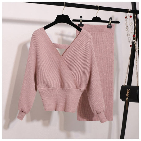 spring bling knitted 2 piece set women lantern sleeve v neck sweater elastic waist knitted skirt female sweater suit N945 - LiveTrendsX