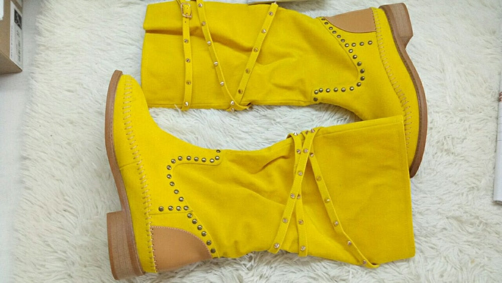 Top Fashion Rivets Studded Knee High Suede Leather Winter Boots Round Toe Flat Heel Woman Shoes High Quality Hottest Boots - LiveTrendsX