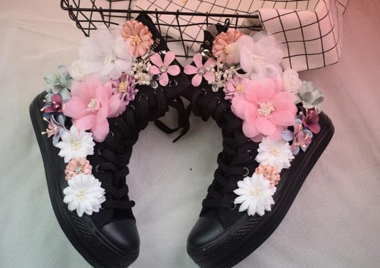 Sweet Flowers Women Canvas Shoes Flat Shoes High Top Manual New Side Zipper Rhinestone Flowers Ladies Canvas Shoes Pearl - LiveTrendsX