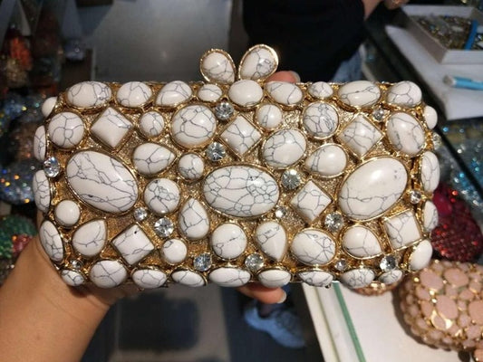 Women Clutch Purse Evening Bag Clutches Luxury Blue Turquoise Agate Stone Crystal Minaudiere Bag Wedding Handbag - LiveTrendsX