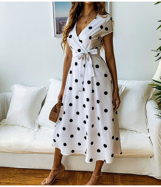 Summer Dress Women Vintage Dress Casual Polka Dot Print A-Line Party Dresses Sexy V-neck Short Sleeve Long Dress Fashion - LiveTrendsX