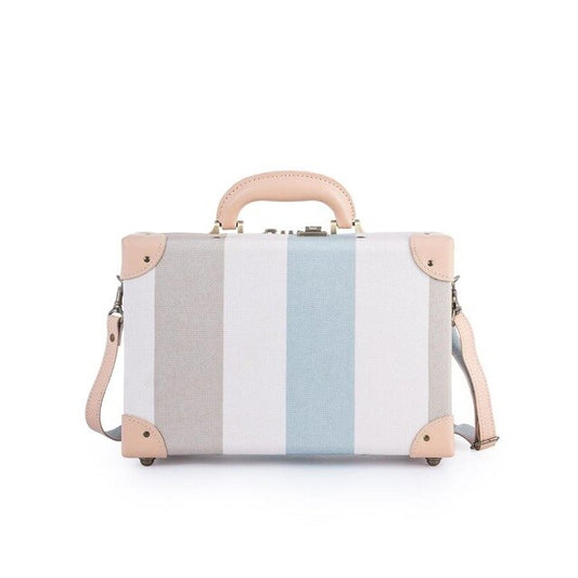 Small 12" Women Genuine Leather & Canvas Wide Strip Carry On Luggage Cosmetic Bag for Girls with Combination Lock - LiveTrendsX