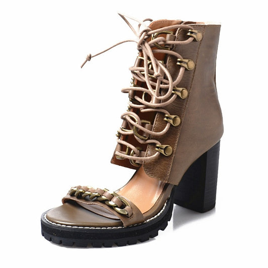 Runway Lace Up Block Heels Sandals Womens Street Black Punk Open Toe High Heels Summer Shoes Genuine Leather Platform Sandals - LiveTrendsX