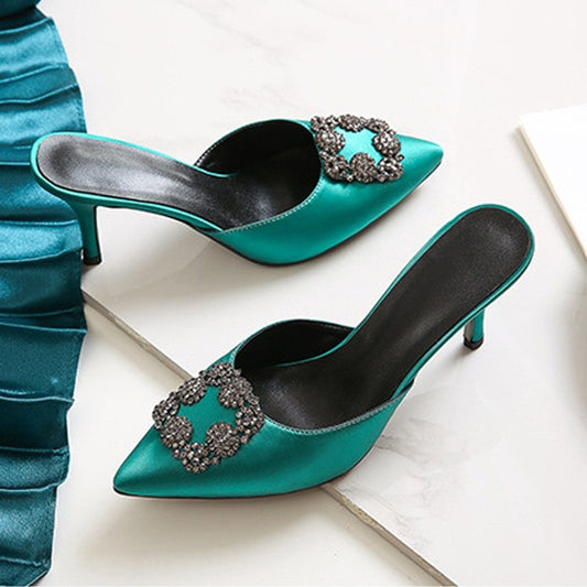 Fashion Drill Satin Slippers Women Sexy Pointed Toe Kitten Heel Mules Rhinestone Square Buckle Outwear High Heel Slides Woman - LiveTrendsX