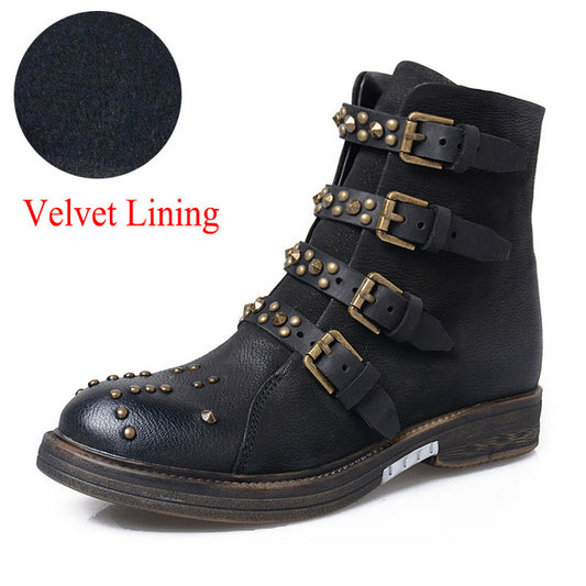 Rivets Studded Ankle Boots for Women Flat Riding Boots Belt Buckle Botas Mujer Female Rubber Genuine Leather Shoes - LiveTrendsX